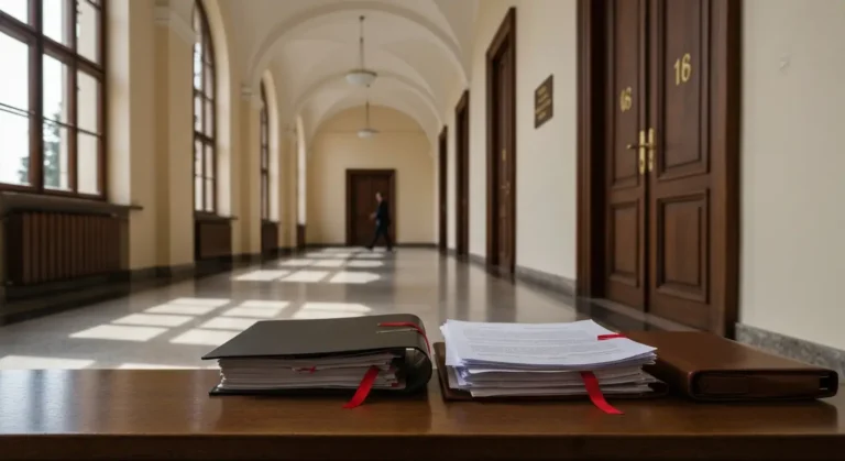 Korytarz sądowy z aktami sprawy sądowej dotyczącej kredytu frankowego leżącymi na drewnianej ławce