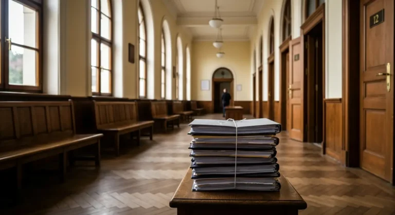 Korytarz sądu rejonowego z aktami sprawy sądowej dotyczącej pozwu frankowego
