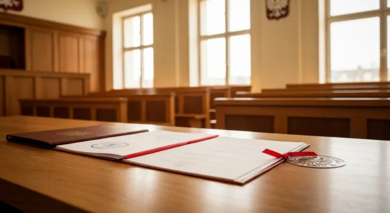 Dokumenty sądowe i pieczęć na biurku w polskiej sali sądowej, symbol wniosku o zobowiązanie banku do wydania dokumentów