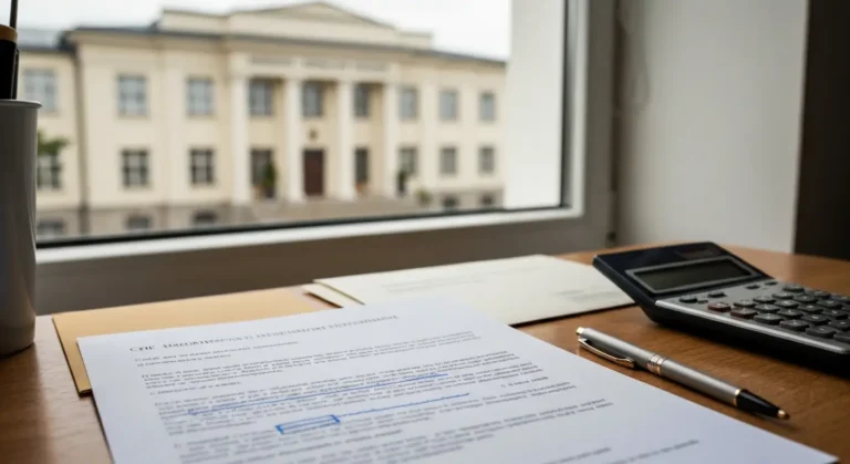 Dokumenty ugody frankowej i wezwanie do zapłaty na biurku, w tle budynek sądu