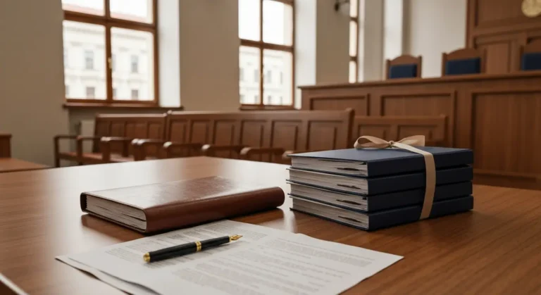 Sala sądowa z aktami sprawy i dokumentami dotyczącymi pozwu frankowego na stole