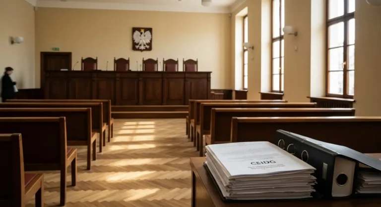Sala sądowa z pustą ławą sędziowską i dokumentami sprawy dotyczącej kredytu frankowego