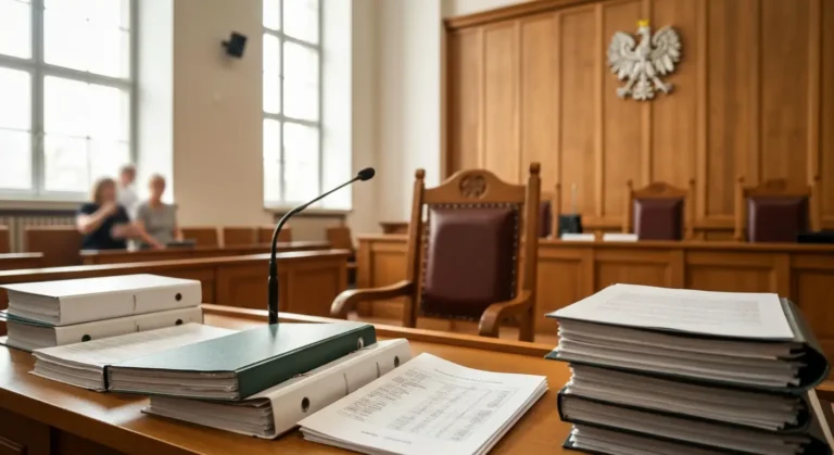 Sala sądowa z pustym miejscem dla świadka i dokumentami kredytu frankowego na biurku