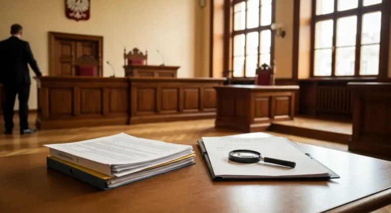Sala sądowa z dokumentami kredytu CHF na stole podczas postępowania dowodowego