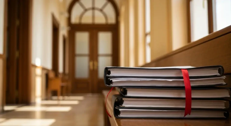 Korytarz sądowy z aktami sprawy sądowej dotyczącej apelacji w sprawie kredytu frankowego