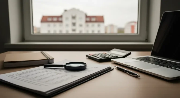 Dokumenty kredytu frankowego z lupą i kalkulatorem na biurku podczas analizy sprawy CHF