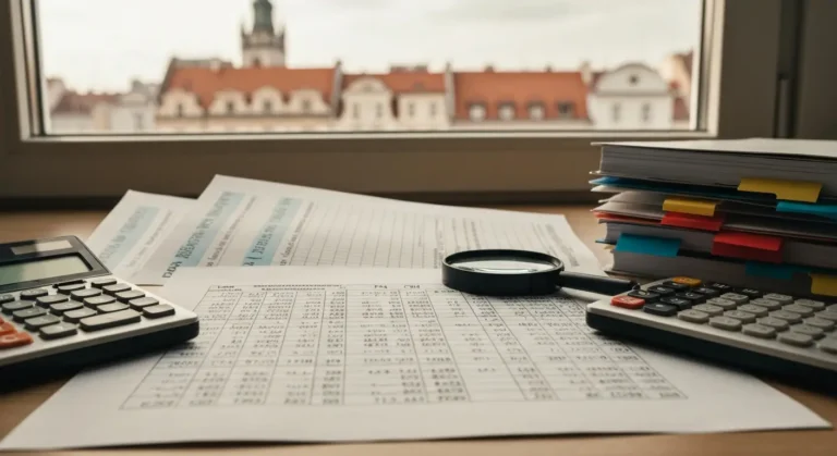 Dokumenty i wyciągi bankowe z zestawieniem wpłat w PLN i CHF na biurku podczas przygotowania pozwu frankowego