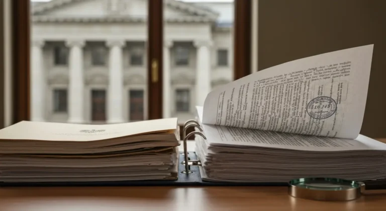 Segregator z dokumentami bankowymi i regulaminem kredytu na biurku kancelarii, w tle budynek sądu