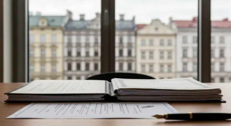 Stos dokumentów kredytowych i umów na biurku, w tle zarys Warszawy - dokumenty do cesji i zwolnienia współkredytobiorcy