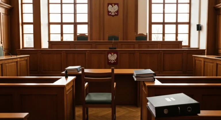 Pusta sala sądowa po przesłuchaniu, widok na mównicę sędziowską i akta sprawy frankowej