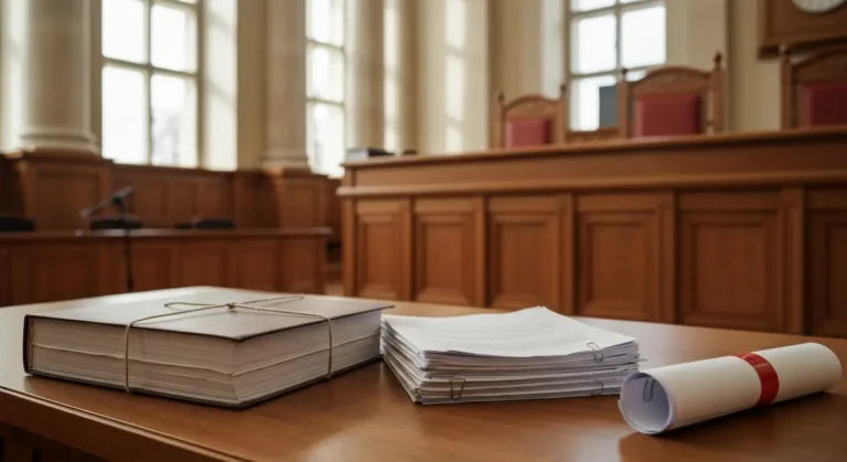 Akta sądowe i dokumenty kredytowe na biurku sędziowskim w sprawie frankowej