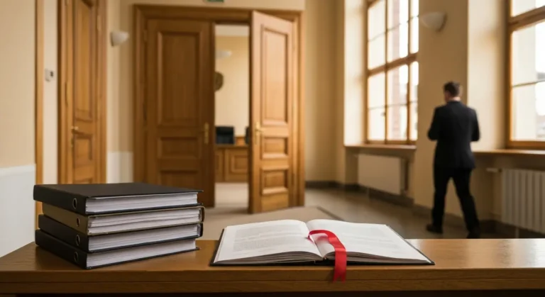 Korytarz sądu z aktami sprawy i dokumentem wyroku na ławie, symbolizujący etap po wyroku pierwszej instancji