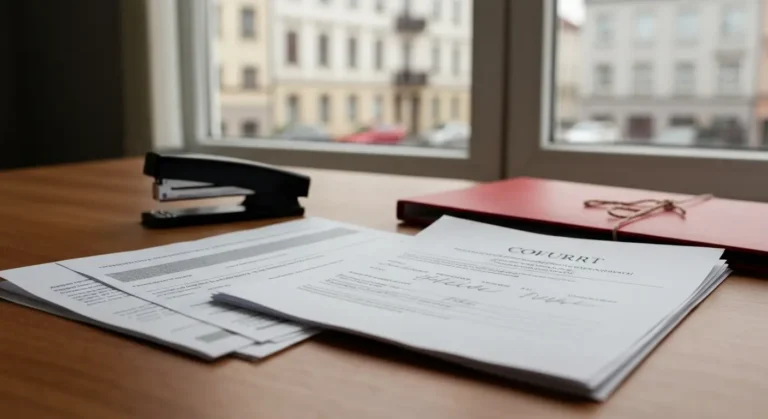 Dokumenty i formularz pozwu sądowego na biurku kancelarii prawnej dotyczące sprawy frankowej