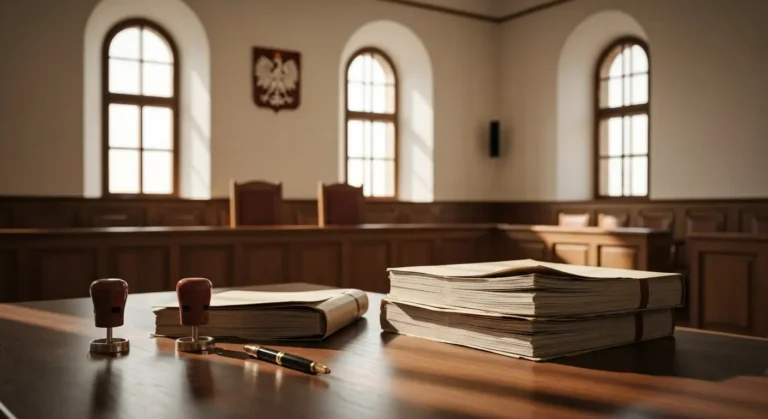 Sala sądowa z aktami sprawy frankowej i dokumentami apelacyjnymi na stole