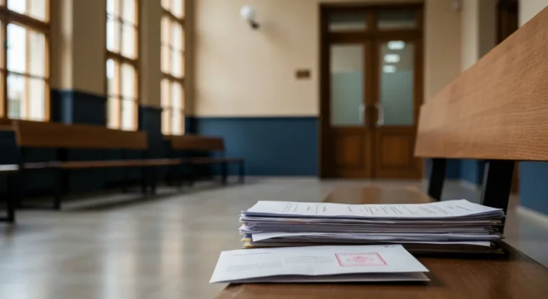 Dokumenty sądowe i koperta z potwierdzeniem doręczenia na ławce w korytarzu sądu