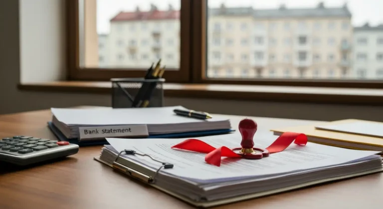 Dokumenty sądowe i wyrok na biurku kancelarii prawnej dotyczące rozliczenia kredytu frankowego
