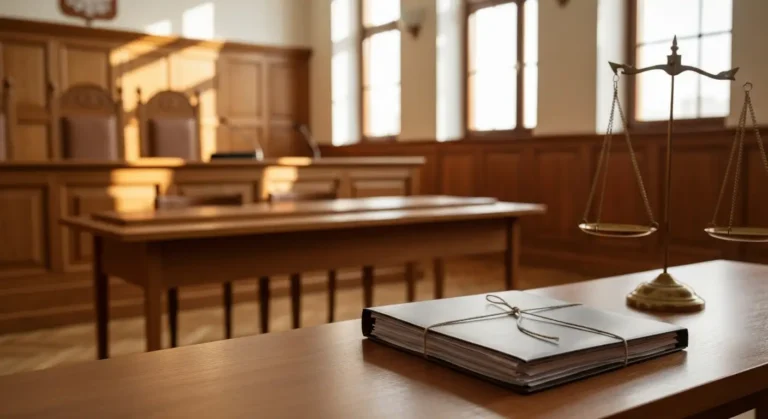 Sala sądowa z dokumentami sprawy sądowej dotyczącej pozwu frankowego na stole