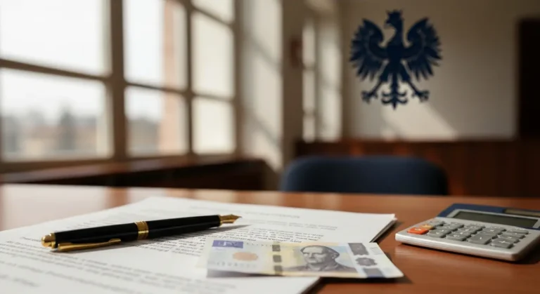 Dokumenty pozwu sądowego z długopisem i banknotem CHF na biurku, w tle rozmyty korytarz sądu