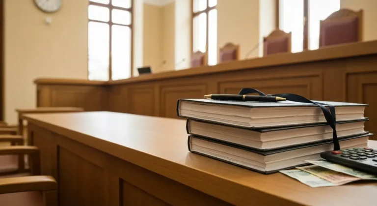 Stos dokumentów sądowych i akt sprawy na tle sali sądowej symbolizujący zarzut potrącenia banku w sprawie o kredyt frank