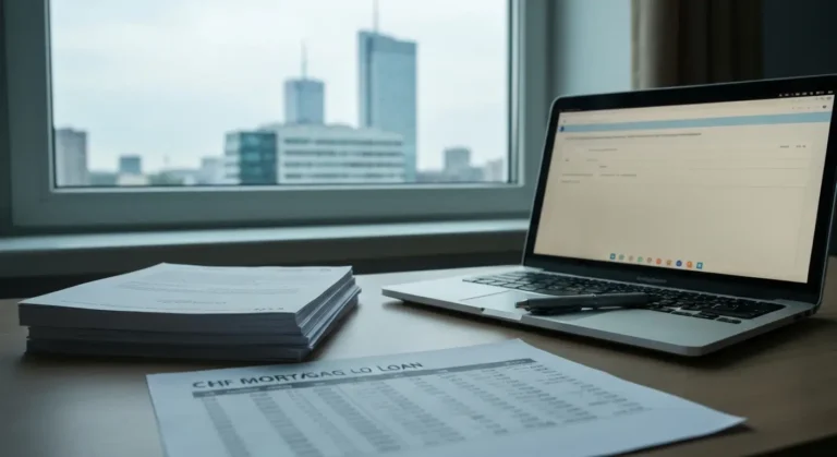 Dokumenty kredytu frankowego i formularz online na biurku, w tle sylwetka miasta