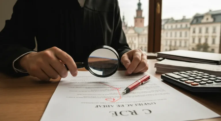 Dokumenty umowy kredytu frankowego analizowane na biurku prawnika z lupą i kalkulatorem