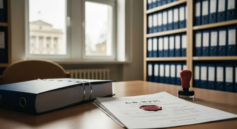 Dokumenty sądowe i wniosek o wykreślenie hipoteki na biurku w wydziale ksiąg wieczystych