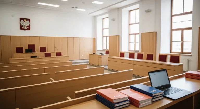 Pusta sala sądowa z ławami i miejscem dla świadka, symbolizująca rozprawę w sprawie frankowej