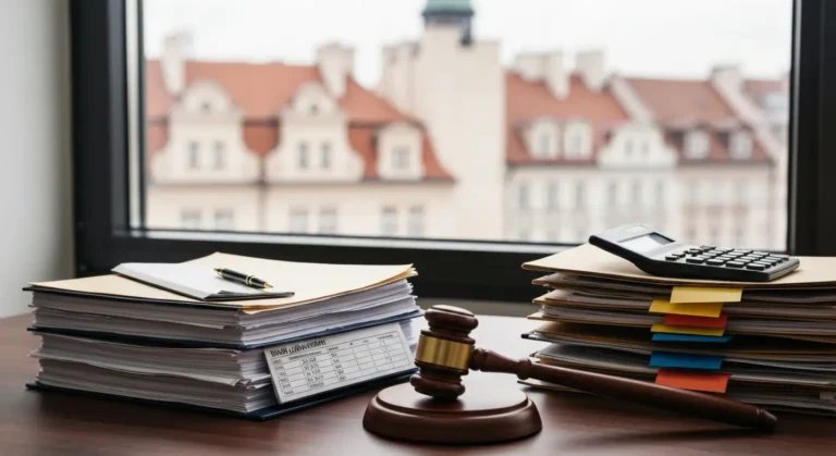 Dokumenty sądowe i akta sprawy frankowej na biurku kancelarii prawnej