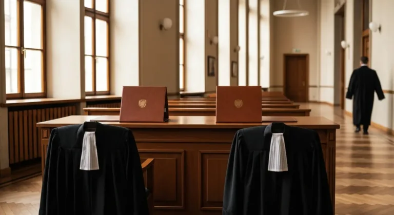 Sala sądowa z dwiema teczkami dokumentów i togami prawniczymi symbolizującymi substytucję w sprawie frankowej