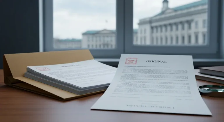 Kopia i oryginał umowy kredytu frankowego na biurku, w tle sylwetka budynku sądu