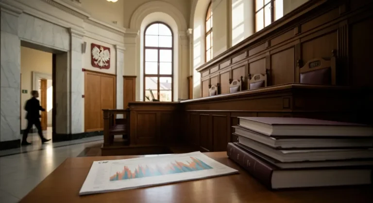 Sala sądowa z drewnianą mównicą i dokumentami sprawy frankowej w tle korytarza sądu