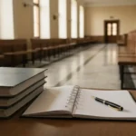 Dokumenty procesowe i pismo przygotowawcze na biurku w korytarzu sądu