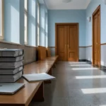 Korytarz sądowy z aktami sprawy i dokumentami dotyczącymi ponownego wniosku o wstrzymanie rat kredytu frankowego