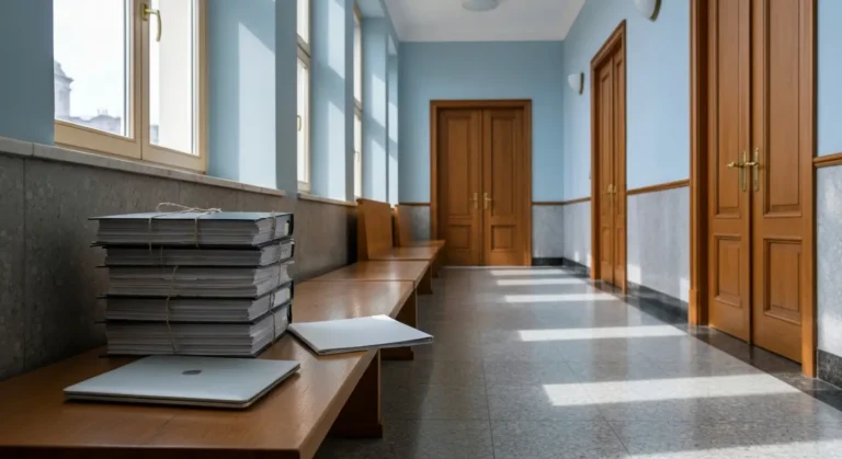 Korytarz sądowy z aktami sprawy i dokumentami dotyczącymi ponownego wniosku o wstrzymanie rat kredytu frankowego