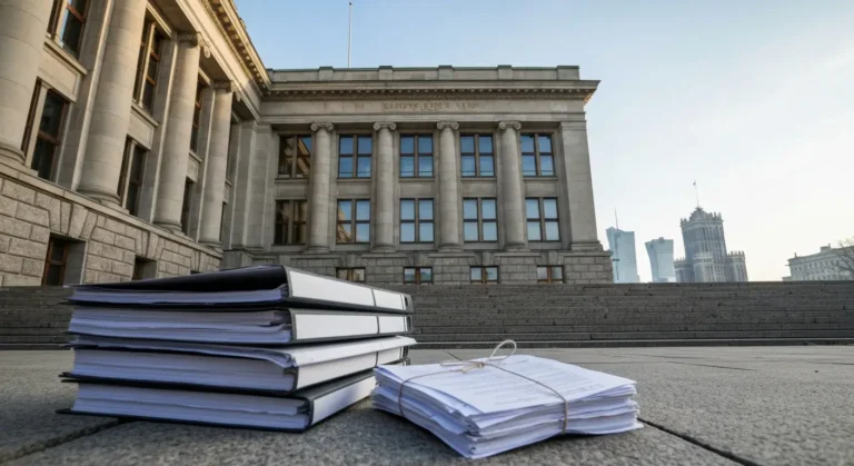 Budynek sądu okręgowego w Warszawie z aktami sprawy sądowej na schodach, w tle sylwetka miasta