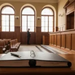 Sala sądowa z pustą ławą i teczką akt sprawy frankowej na biurku, symbolizująca samodzielne pisanie apelacji