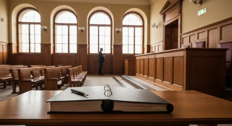 Sala sądowa z pustą ławą i teczką akt sprawy frankowej na biurku, symbolizująca samodzielne pisanie apelacji