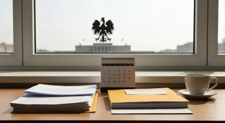 Dokumenty kredytowe, koperta z potwierdzeniem odbioru i kalendarz na biurku, w tle budynek sądu