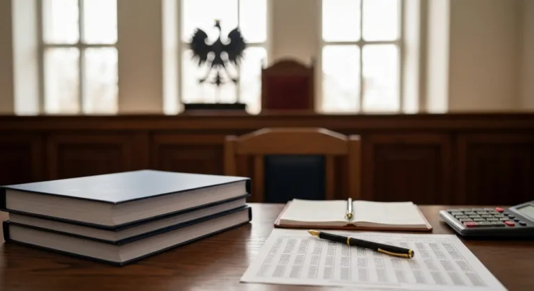 Biurko sędziowskie z aktami sprawy sądowej i tabelą wyliczeń odsetek w sprawie frankowej