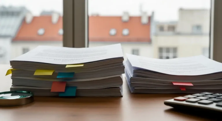 Dwa różne stosy umów kredytowych CHF na biurku kancelarii, symbol indywidualnej analizy sprawy frankowej