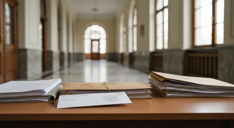 Stos dokumentów sądowych i zaadresowana koperta na biurku w korytarzu sądu