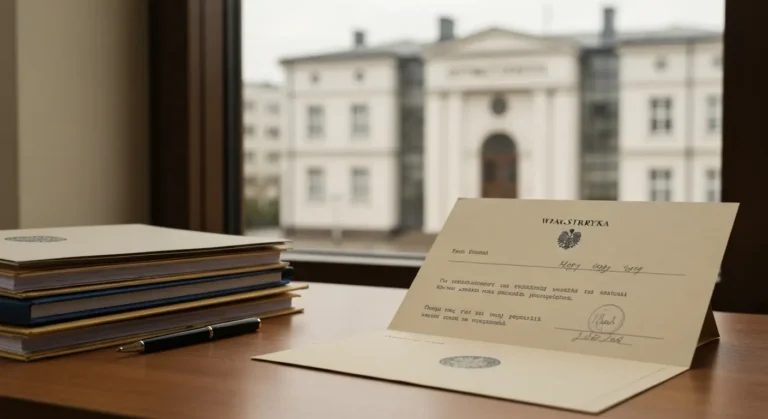 Dokumenty i koperta z pismem do banku na biurku, w tle budynek sądu