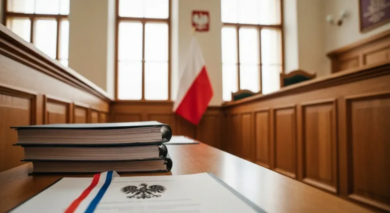 Sala sadowa z aktami sprawy i dokumentem sadowym na biurku, symbolizujaca zazalenie na odmowe zabezpieczenia