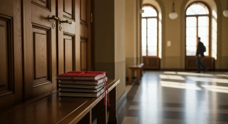 Korytarz sądu z aktami sprawy sądowej i teczką związaną wstążką, symbolizujące spór frankowy o potrącenie wierzytelności