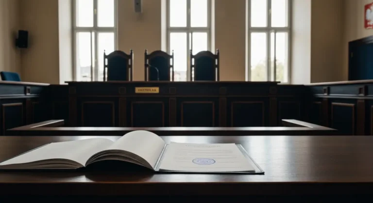 Sala sądowa z dokumentem ugody mediacyjnej na mównicy sędziowskiej, symbolizująca kontrolę sądu nad ugodą frankową