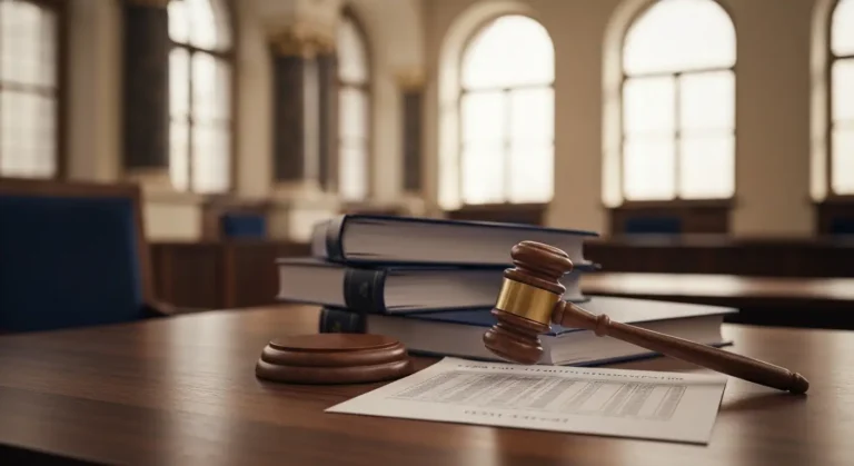 Młotek sędziowski i dokumenty kredytu frankowego na biurku w sali sądowej