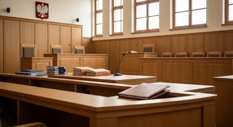 Pusta sala sądowa z ławą sędziowską i miejscem dla świadka, symbolizująca przesłuchanie frankowicza w sprawie sądowej