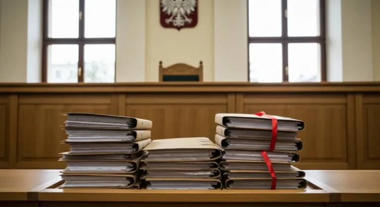 Sala sądowa z aktami spraw frankowych ułożonymi w stosy symbolizujące różne instancje postępowania
