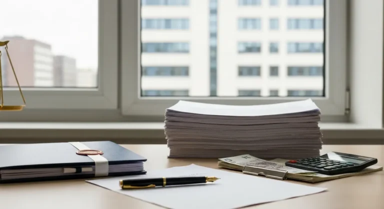 Dokumenty ugody z bankiem i pieniądze na biurku kancelarii prawnej symbolizujące rozliczenie success fee