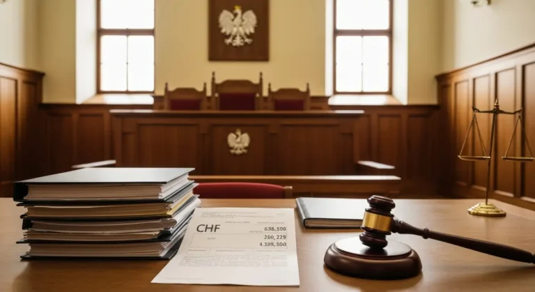 Sala sądowa z aktami sprawy frankowej i dokumentami dotyczącymi kursu CHF na stole przed ławą sędziowską